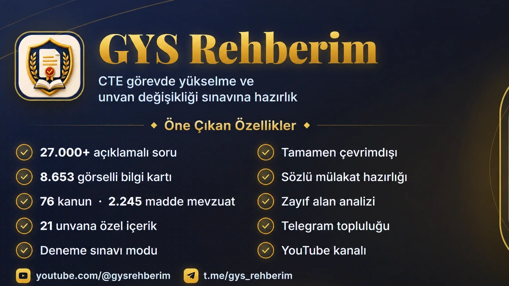 GYS Rehberim tanıtım kartı: 27.000+ açıklamalı soru, 8.653 görselli bilgi kartı, 76 kanun ve 2.245 madde mevzuat, 21 unvana özel içerik.