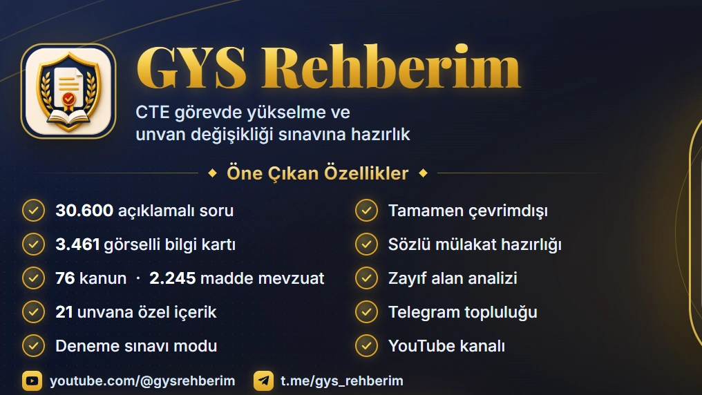 GYS Rehberim tanıtım kartı: 30.600 açıklamalı soru, 3.461 görselli bilgi kartı, 76 kanun ve 2.245 madde mevzuat, 21 unvana özel içerik.