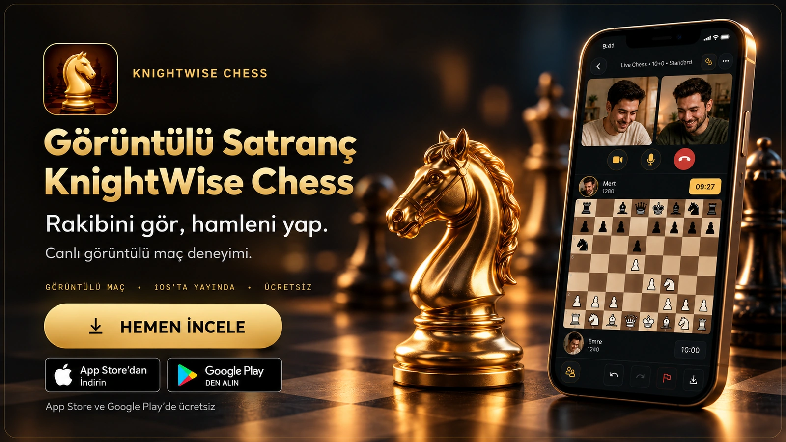 Görüntülü Satranç KnightWise tanıtım kartı — “Rakibini gör, hamleni yap.” Telefon ekranında canlı görüntülü maç: iki oyuncunun kamera görüntüsü ve satranç tahtası.