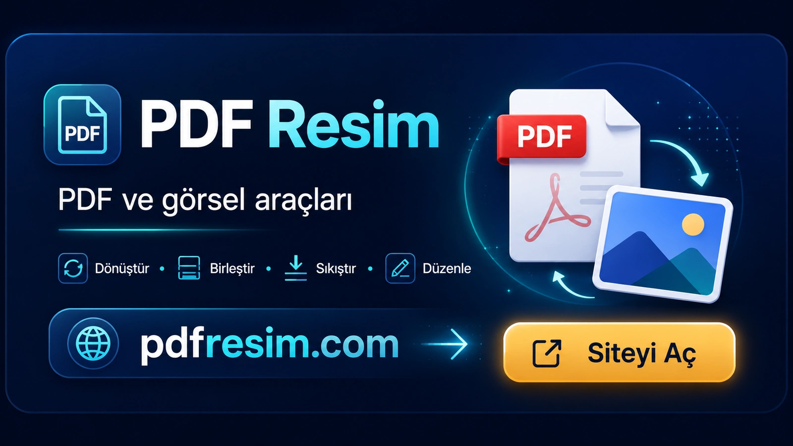 PDFResim tanıtım kartı — PDF ve görsel araçları: dönüştür, birleştir, sıkıştır, düzenle. pdfresim.com adresinde çalışır.